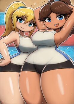 2girls arms_behind_head arms_up audience bike_shorts black_bike_shorts blonde_hair blue_eyes blush breasts brown_hair cleavage collarbone company_connection crossover crowd hand_on_own_hip high_ponytail large_breasts long_hair looking_at_viewer mario_(series) metroid multiple_girls nintendo open_mouth ponytail princess_daisy samus_aran shirt sidelocks sleeveless sleeveless_shirt smile sparkle standing teeth thick_thighs thighs tony_welt track_and_field track_uniform white_shirt wide_sleeves