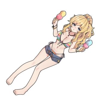 Rule 34 | 1girl, aa211108, bare shoulders, barefoot, bikini, blonde hair, blue eyes, breasts, cleavage, collarbone, denim, denim shorts, food, front-tie bikini top, front-tie top, highres, holding, holding food, holding ice cream, ice cream, idolmaster, idolmaster cinderella girls, jewelry, large breasts, long hair, looking at viewer, navel, necklace, ohtsuki yui, ponytail, rainbow bikini, shorts, side-tie bikini bottom, solo, swimsuit, thighs, wavy hair, wavy sidelocks, wristband