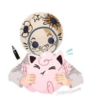 Rule 34 | > <, 1boy, :t, closed eyes, closed mouth, commentary, crossover, drawn flower, drawn star, english commentary, fan request, flailing, flying sweatdrops, gen 1 pokemon, helmet, holding, holding pokemon, jigglypuff, joypandaah, kyokugen dasshutsu, male focus, marker, motion blur, nintendo, pokemon, pokemon (anime), pokemon (creature), q (kyokugen dasshutsu), simple background, star (symbol), tumblr ask, white background, zero escape: toki no dilemma