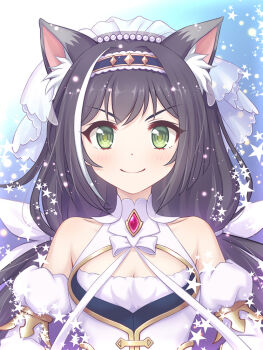 Rule 34 | 1girl, animal ear fluff, animal ears, bare shoulders, black hair, blush, bodice, bow, breasts, brooch, cat ears, cat girl, cleavage, closed mouth, commentary request, detached sleeves, dot nose, dress, green eyes, hair bow, headdress, jewelry, karyl (princess) (princess connect!), karyl (princess connect!), long hair, long sleeves, looking at viewer, multicolored hair, pearl hair ornament, princess connect!, puffy sleeves, s1a1nokoka, sidelocks, smile, solo, star (symbol), star symbol background, streaked hair, twintails, upper body, v-shaped eyebrows, veil, white bow, white dress, white hair, white veil