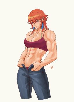 1girl absurdres alternate_costume alternate_muscle_size biceps breasts earrings feather_earrings feathers gradient_hair highres hololive hololive_english iskaydi jewelry long_hair multicolored_hair obliques open_mouth orange_hair purple_eyes simple_background solo takanashi_kiara virtual_youtuber