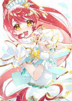 1girl :d ayako_(xiaqiu) bare_shoulders chinese_commentary choker commentary_request curly_sidelocks dot_nose dress hand_up highres holding holding_microphone idol idol_clothes light_blush long_hair looking_at_viewer microphone off-shoulder_dress off_shoulder open_mouth ponytail pretty_series pripara red_hair shiratama_mikan short_sleeves smile solo sparkle straight_hair teeth upper_body upper_teeth_only very_long_hair watermark white_choker white_dress white_wrist_cuffs wrist_cuffs yellow_eyes