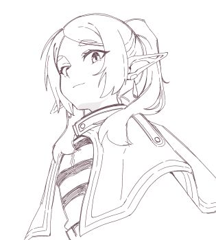 Rule 34 | 1girl, closed mouth, commentary request, earrings, elf, frieren, greyscale, highres, jewelry, kokuya (kokuya28), long hair, looking at viewer, meme, monochrome, parted bangs, parted hair, pointy ears, shirt, simple background, smile, solo, sousou no frieren, striped clothes, striped shirt, twintails, upper body, upward angle frieren drawing (meme)