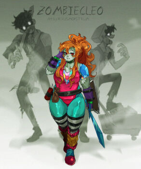 1980s_fashion 1girl 2boys artist_name breasts character_name colored_skin commentary english_commentary explosive fingerless_gloves gloves green_skin high_ponytail highres holding holding_sword holding_weapon large_breasts leg_warmers leotard long_hair looking_at_viewer minecraft_sword minecraft_youtube monster_girl multiple_boys mumbo_jumbo_(youtuber) nexusmonstrum official_alternate_costume orange_hair pink_leg_warmers pink_leotard ponytail red_eyes skizzleman solo_focus standing stitches sword thick_thighs thighs traffic_life_series weapon wild_life_smp zombie zombiecleo zombiecleo_(hive-dr8)
