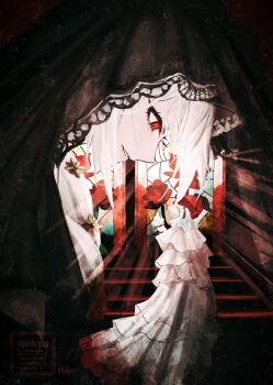 2girls black_background black_veil dress full_body grin hakyusiku head_down highres lace-trimmed_veil lace_trim long_dress long_hair looking_at_another lorelei_(reverse:1999) multiple_girls official_alternate_costume red_eyes reverse:1999 semmelweis_(reverse:1999) semmelweis_(the_wax_and_wane_of_the_heart)_(reverse:1999) smile stained_glass stairs upper_body veil white_dress white_hair white_veil