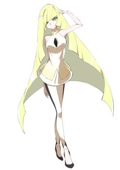 Rule 34 | 1girl, arm at side, bare arms, black leggings, blonde hair, breasts, diamond (shape), dress, gem, green eyes, green gemstone, hair over one eye, hand up, highres, leggings, long hair, lusamine (pokemon), marie (pixiv59672544), mature female, nintendo, pokemon, pokemon sm, short dress, sleeveless, sleeveless dress, small breasts, solo, two-tone leggings, very long hair, white dress, white leggings