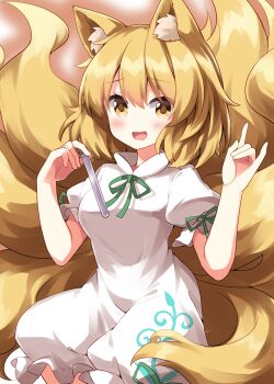 Rule 34 | 1girl, :d, animal ear fluff, animal ears, blonde hair, blush, commentary request, cosplay, cowboy shot, fox ears, fox girl, fox shadow puppet, fox tail, green ribbon, highres, holding, holding test tube, kudamaki tsukasa, kudamaki tsukasa (cosplay), looking at viewer, multiple tails, neck ribbon, open mouth, ribbon, romper, ruu (tksymkw), short hair, short sleeves, sleeve ribbon, smile, solo, tail, test tube, touhou, yakumo ran