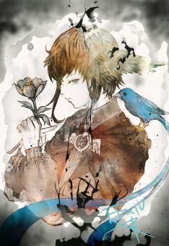 1girl animal animal_on_shoulder bird bird_on_shoulder bird_wings black_capelet black_flower black_gemstone black_hair black_wings blue_bird blue_eyes brooch capelet commentary_request copyright_name dark_persona elpis_flower eyelashes feathered_wings final_fantasy final_fantasy_xiv flower gem head_wings holding holding_flower jewelry long_sleeves meteion ruka_(blueplus84) short_hair solo wing_brooch wings