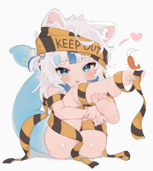 1girl animal_ear_fluff animal_ears ass barefoot blue_eyes blue_hair blue_nails blunt_bangs blush c0521 cat_ears caution_tape commentary convenient_censoring english_commentary fang feet fins fish_tail fokkahim7 full_body gawr_gura hair_ornament heart highres hololive hololive_english hugging_own_legs keep_out kemonomimi_mode leg_up loli long_hair looking_at_viewer multicolored_hair nail_polish nude open_mouth shark_hair_ornament shark_tail shrimp simple_background sitting skin_fang soles solo tail toenail_polish toenails two-tone_hair two_side_up virtual_youtuber white_background white_hair