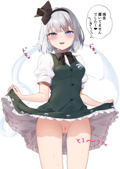1girl blue_eyes blush breasts cleft_of_venus clothes_lift commentary_request cowboy_shot green_skirt green_vest grey_hair highres konpaku_youmu lifting_own_clothes looking_at_viewer medium_breasts no_panties purin_jiisan pussy pussy_juice shirt short_sleeves simple_background skirt skirt_lift smile solo touhou translated vest white_background white_shirt