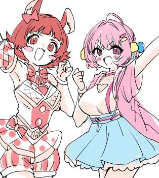 2girls absurdres ahoge animal_ear_fluff animal_ears arm_up blue_skirt blush_stickers breasts cleavage cleavage_cutout clothing_cutout commentary_request fang hair_intakes hair_ornament hairclip heart_cutout high-waist_skirt highres idolmaster idolmaster_cinderella_girls idolmaster_million_live! in-franchise_crossover looking_at_viewer medium_breasts multiple_girls nonohara_akane pink_hair red_hair short_sleeves simple_background sketch skin_fang skirt sukoyaka_(100hituzi) v-shaped_eyebrows white_background yumemi_riamu