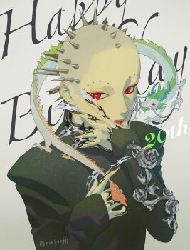 Rule 34 | 1other, birthday, black nails, black shirt, cocona (xg), commentary, dragon, english commentary, hand on own face, happy birthday, head spikes, konbuxg13, long sleeves, open mouth, other focus, real life, red eyes, shaved head, shirt, signature, slit pupils, solo, twitter username, xg (group)