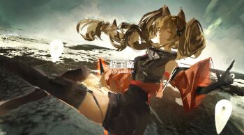 1girl angelina_(arknights) animal_ears arknights arknights:_endfield artist_name belt black_dress black_gloves black_thighhighs breasts brown_hair clothes_down cloud cloudy_sky commentary completion_time day dress dutch_angle elbow_gloves floating floating_clothes floating_hair fox_ears fox_girl gilberta_(arknights) gloves headgear high_belt high_collar high_up highres jacket levitation long_hair lonkulade medium_breasts open_clothes open_jacket outdoors red_eyes red_jacket short_dress sky sleeveless sleeveless_dress smile solo thighhighs twintails zettai_ryouiki