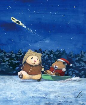absurdres animal animal_focus beanie brown_coat closed_eyes coat commentary english_commentary gotte hamster hat highres mittens night no_humans open_mouth original outdoors red_coat santa_hat sky sleigh snow star_(sky) starry_sky tree white_mittens winter