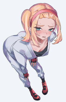 1girl absurdres ass black_gloves black_shirt black_socks blonde_hair blush breasts commentary_request dougi duck_ahir eyelashes fingerless_gloves freckles gloves green_eyes hairband headband highres josee_(pokemon) karate_gi leaning_forward long_hair long_sleeves looking_at_viewer nintendo open_mouth orange_hairband orange_headband pants parted_lips pokemon pokemon_legends:_z-a red_hairband shirt shoes sidelocks simple_background small_breasts socks solo sweat twintails