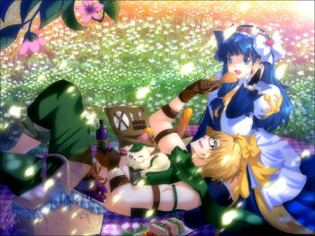 1boy 1girl arch_bishop_(ragnarok_online) black-framed_eyewear blonde_hair blue_dress blue_eyes blue_hair bottle bow brown_gloves cake cross deviruchi dress dress_bow feet_out_of_frame field flower flower_field food frilled_hairband frills glasses gloves green_scarf green_shirt green_shorts hair_ornament hairband heart heart_hair_ornament juliet_sleeves lap_pillow leaf_cat long_hair long_sleeves lying on_back open_mouth picnic picnic_basket picnic_blanket pink_hairband pkyu puffy_sleeves ragnarok_online ranger_(ragnarok_online) scarf shirt short_hair shorts sleeveless sleeveless_shirt smile two-tone_dress white_dress white_flower wine_bottle yellow_bow