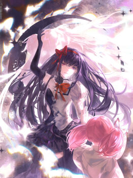 3girls absurdly_long_hair akemi_homura akuma_homura back-to-back black_dress black_gloves black_thighhighs bow bowtie breasts chinese_commentary cleavage closed_mouth cloud cloudy_sky commentary_request crescent dress dual_persona elbow_gloves expressionless fengyanxi floating_hair frilled_dress frills gloves hair_between_eyes hair_bow hair_ribbon hairband hand_up heterochromia highres holding_hands juliet_sleeves kaname_madoka long_hair long_sleeves looking_at_another mahou_shoujo_madoka_magica mahou_shoujo_madoka_magica:_hangyaku_no_monogatari medium_hair mitakihara_school_uniform multiple_girls outdoors pink_eyes pink_hair puffy_sleeves purple_eyes purple_hair red_bow red_bowtie red_hairband red_ribbon ribbon school_uniform shirt short_twintails single_bare_shoulder sky sparkle strapless strapless_dress thighhighs transformation turtleneck turtleneck_shirt twintails two_side_up ultimate_madoka very_long_hair white_shirt