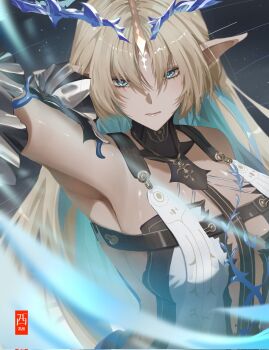 1girl arm_up armpits bare_shoulders black_dress blonde_hair blue_eyes blue_hair breasts closed_mouth colored_inner_hair commentary corrupted_twitter_file crown_of_thorns dress english_commentary facial_mark fleurdelys_(wuthering_waves) forehead_mark hair_between_eyes highres horns large_breasts long_hair looking_at_viewer multicolored_hair nishizuu parted_bangs pointy_ears serious single_horn solo tacet_mark_(wuthering_waves) two-tone_dress two-tone_hair upper_body white_dress wuthering_waves