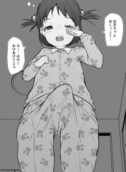 1girl absurdres bulge erection erection_under_clothes from_below futanari greyscale highres loli looking_at_viewer makin_tama monochrome original pajamas pov rubbing_eyes sleepy translated