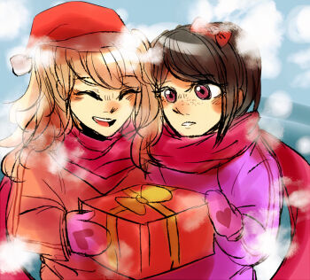 2girls alternate_costume black_hair blonde_hair blush bow christmas_present closed_eyes coat danganronpa:_trigger_happy_havoc danganronpa_(series) enoshima_junko female_focus freckles gift hair_bow hat ikusaba_mukuro incest jacket long_hair ministarfruit mittens multiple_girls nose open_mouth pink_coat pink_jacket pink_mittens red_bow red_coat red_eyes red_headwear red_jacket red_scarf santa_hat scarf shared_clothes shared_scarf sharing siblings simple_background sisters sketch smile teeth tongue twincest twins upper_teeth_only winter_clothes yuri
