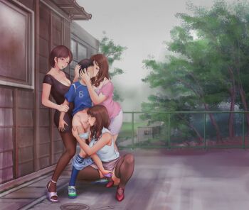 1boy 3girls age_difference arm_grab bare_shoulders black_dress black_hair blue_shirt blue_socks bra breasts breeches briefs brown_eyes brown_hair brown_legwear censored cleavage clothes_lift cloud cloudy_sky collar collarbone covered_erect_nipples day dress eye_contact eyelashes faceless faceless_male fellatio femdom grass group_sex half-closed_eyes hand_in_panties harem hetero high_heels highres house kiss kneeling large_breasts lipstick long_hair looking_at_another makeup male_underwear masturbation matching_hair/eyes mature_female multiple_girls nail_polish oral original outdoors oxide panties pants pantyhose penis pink_shirt public_indecency purple_bra purple_nails purple_pants rape red_lips sex shirt shoes short_dress short_hair short_sleeves shota size_difference skirt skirt_lift sky smile socks sonota_taisei tan tanline thighhighs tree underwear white_shirt white_skirt window