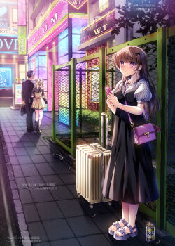 1boy 2girls :o absurdres bag between_breasts black_boots black_bow black_dress black_jacket black_pants black_shirt blush boots bow breasts briefcase brown_dress brown_hair building can cellphone chain-link_fence cigarette_butt commentary_request dress energy_drink english_text fence frilled_footwear grey_sandals hair_bow hair_ornament hairclip handbag heart highres holding holding_phone jacket kouta. long_hair love_hotel medium_breasts monster_energy multiple_girls nail_polish original outdoors pants parted_lips phone pink_nails pleated_dress puffy_short_sleeves puffy_sleeves red_eyes rolling_suitcase sandals shirt shoe_soles short_sleeves shoulder_bag sign strap_between_breasts suitcase toenail_polish toenails twintails very_long_hair watermark