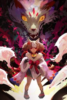 1girl absurdres animal_ears bell brown_hair colorful fox fox_ears highres kevin_adi looking_at_viewer original red_eyes solo twintails