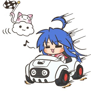 1girl :3 =_= ahoge blue_hair blush car cat checkered_flag chibi driving eighth_note flag highres holding holding_flag izumi_konata long_hair lucky_star mole mole_under_eye motor_vehicle musical_note nyamou on_cloud red_sailor_collar ryouou_school_uniform ryuinosu sailor_collar school_uniform white_background white_car