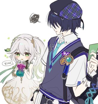1boy 1girl :3 alternate_costume aqua_necktie aqua_trim bag bare_shoulders belt beret black_belt blunt_ends blush bracelet braid cape card coffee collared_shirt covered_eyes cross-shaped_pupils cup disposable_cup double-parted_bangs dress drinking drinking_straw genshin_impact gradient_hair green_cape green_eyes green_hair grey_vest hair_between_eyes hair_intakes hair_ornament hand_in_pocket happy hat highres holding holding_card iced_coffee jewelry leaf leaf_hair_ornament looking_at_another looking_down multicolored_hair multicolored_vest nahida_(genshin_impact) neck necktie official_alternate_costume parted_lips plaid_clothes plaid_hat pointy_ears pom_pom_(clothes) purple_hair purple_necktie scaramouche_(genshin_impact) shirt short_sleeves shoulder_bag side_braid side_ponytail sidelocks single_braid sp0i0ppp symbol-shaped_pupils vest vision_(genshin_impact) wanderer_(genshin_impact) wanderer_(mega_mgc_coffee)_(genshin_impact) white_background white_dress white_hair white_shirt white_sleeves white_trim wrist_cuffs wristband