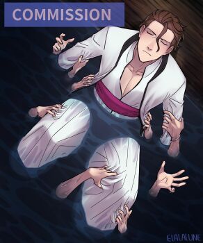 1boy aizen_sousuke bleach brown_hair caustics closed_eyes clothes_grab coat elalalune from_above hair_between_eyes hair_slicked_back highres knees_up leg_grab loose_hair_strand male_focus partially_submerged pectoral_cleavage pectorals people pulling_arm sitting wet wet_clothes white_coat