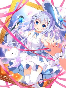 Rule 34 | 1girl, absurdres, blue eyes, blue hair, blush, bow, bowtie, breasts, detached collar, detached sleeves, dress, eyebrows hidden by hair, frills, full body, gochuumon wa usagi desu ka?, hair between eyes, hair ornament, hairclip, hat, highres, holding, holding staff, kafuu chino, long hair, long sleeves, looking at viewer, mirror selfie, namakemono (lazysloth2022), open mouth, outstretched arm, outstretched arms, picture frame, puffy sleeves, rabbit, ribbon, selfie, shoes, sidelocks, solo, staff, standing, standing on one leg, thighhighs, tippy (gochiusa), twintails, very long hair, white dress, white hat, white thighhighs, wrist cuffs, x hair ornament