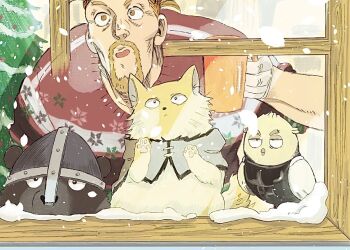 4boys animalization armor askeladd bear beard bird bjorn_(vinland_saga) blonde_hair breastplate brown_eyes cape capelet cat christmas christmas_tree cloak commentary cup facial_hair fur-trimmed_capelet fur_trim grey_cape helmet holding holding_cup male_focus momonga63282964 multiple_boys parted_lips red_cloak snow symbol-only_commentary thorfinn thorkell viking vinland_saga