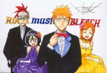2boys 2girls abarai_renji artist_name bare_shoulders black_hair bleach bow bowtie breasts closed_eyes closed_mouth collarbone copyright_name dress elbow_gloves flat_chest flower flower_on_head formal_clothes gloves hair_flower hair_ornament hands_in_pockets happy headband inoue_orihime kubo_tite kuchiki_rukia kurosaki_ichigo long_hair medium_breasts medium_hair multiple_boys multiple_girls official_art open_mouth orange_hair ponytail purple_dress red_bow red_hair short_hair simple_background spiked_hair suit sunglasses yellow_dress