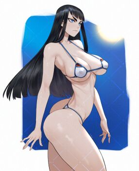 1girl alternate_costume ass bikini black_hair blue_background blue_eyes breasts covered_erect_nipples cowboy_shot from_side frown gabriel_carrasquillo highres kill_la_kill kiryuuin_satsuki large_breasts long_hair solo sun swimsuit thick_eyebrows twisted_torso walking