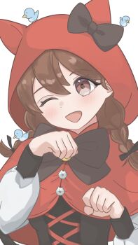 Rule 34 | 1girl, ;d, animal ear hood, bird, black bow, bow, braid, brown eyes, brown hair, cat (nyanko daisensou), chinese commentary, commentary request, ears under headwear, fake animal ears, hair between eyes, highres, hood, hood up, looking at viewer, minya (nyanko daisensou), nyanko daisensou, one eye closed, open mouth, paw pose, smile, twin braids, upper body, xiaojie (user ehmf2842)