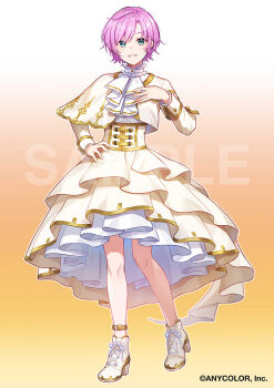 1girl ankle_boots ankle_strap aqua_eyes ascot boots capelet commentary_request copyright_notice corset frilled_shirt_collar frills full_body gradient_background hand_on_own_chest hand_on_own_hip high-low_skirt high_heel_boots high_heels jacket lace-up_boots long_sleeves looking_at_viewer nijisanji official_art orange_background parted_lips pink_hair sample_watermark shinishi_chiho shirt short_hair side_cape skirt sleeve_cuffs smile solo standing swept_bangs virtual_youtuber watermark white_ascot white_boots white_shirt yellow_capelet yellow_jacket yellow_skirt yuuhi_riri