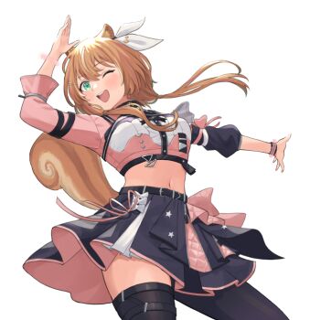 1girl animal_ear_fluff animal_ears ayunda_risu belt black_belt black_pantyhose black_skirt black_thighhighs blush bow breasts commentary english_commentary floating_hair green_eyes hair_ribbon hololive hololive_indonesia kyoraku_(weng3133) long_hair looking_at_viewer low_twintails medium_breasts midriff navel open_hands pantyhose pink_bow pink_ribbon ribbon single_leg_pantyhose single_thighhigh skirt smile solo squirrel_ears squirrel_girl thigh_strap thighhighs transparent_background twintails virtual_youtuber white_bow white_ribbon