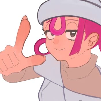 1girl :> absurdres closed_mouth commentary grey_eyes hair_rings hat highres ikakoruku index_finger_raised jitome joy_(pokemon) joy_(pokemon_legends:_z-a) l_hand looking_at_viewer nintendo pointing pointing_at_viewer pointing_up pokemon simple_background single_sidelock smile solo split_mouth white_background white_hat