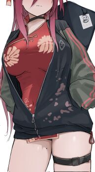 1girl belt blue_archive china_dress chinese_clothes dress guwall highres jacket letterman_jacket mole mole_on_leg mole_on_thigh partially_unzipped pelvic_curtain red_dress reijo_(blue_archive) simple_background solo thigh_belt thigh_strap white_background