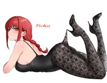 1girl ankle_strap arched_back artist_name ass bare_arms black_leotard black_shoes breasts chainsaw_man closed_mouth full_body hashtag-only_commentary high_heels highleg highleg_leotard highres lace_pantyhose_hooked_on_heel_(meme) large_breasts legs legs_up leotard long_bangs looking_at_viewer lying makima_(chainsaw_man) meme nose nostrils on_stomach orange_eyes parted_bangs ponytail red_hair shoes sideboob simple_background smile solo strappy_heels vorkiss white_background yellow_eyes