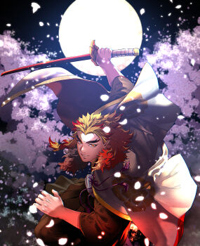 1boy arm_up black_kimono blonde_hair cape cherry_blossoms commentary_request demon_slayer_uniform falling_petals fighting_stance floating_hair flower forked_eyebrows full_moon hakama hashimoto_(yanagi-momo) holding holding_sword holding_weapon japanese_clothes katana kimetsu_no_yaiba kimono long_hair long_sleeves looking_at_viewer male_focus moon multicolored_hair night outdoors parted_lips petals pink_flower red_hair rengoku_kyoujurou sheath smile solo streaked_hair sword tassel thick_eyebrows tree two-tone_hair weapon white_cape wide_sleeves yellow_eyes