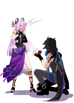 1boy 1girl @_@ ^^^ animal_ears arm_tattoo armlet artistic_error bare_shoulders bat_boy bat_ears black_boots black_cape black_gloves black_hood black_jacket black_leotard black_sleeves blue_eyes blue_hair blunt_ends blush boots bracelet cape citlali_(genshin_impact) cleavage_cutout clothing_cutout collarbone commentary_request detached_sleeves embarrassed eyelashes facial_mark facing_another feather_hair_ornament feathers fingerless_gloves floating_headgear forehead_mark frown full_body furrowed_brow genshin_impact giving glint gloves gold gradient_hair grandmother_and_grandson grey_pants grey_shirt hair_intakes hair_ornament hand_on_own_chest hand_on_own_chin hand_on_own_knee hand_up headgear heattech_leotard highleg highleg_leotard highres hip_vent holding hood hood_up hooded_cape inseki jacket jewelry korean_commentary leotard long_hair looking_at_another marriage_proposal multicolored_hair necktie on_one_knee open_mouth ororon_(genshin_impact) pants parted_bangs pink_feathers pink_hair purple_hair purple_necktie purple_sarong red_pupils ribbed_leotard ring_box ring_hair_ornament sarong shadow shirt side_slit sidelocks single_sleeve sleeveless sleeveless_shirt stomach_cutout sugarcanedove surprised sweat tattoo teeth triangle triangle_facial_mark tsurime turtleneck white_background wide-eyed