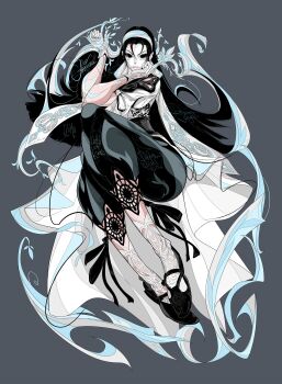 1girl absurdres black_eyes black_hair black_pants black_shoes character_name dress full_body gloves grey_background hairband highres kazama_jun long_hair non-web_source official_art pants shoes socks solo tekken tekken_8 v-shaped_eyebrows white_dress white_gloves white_hairband white_socks wolfmarker