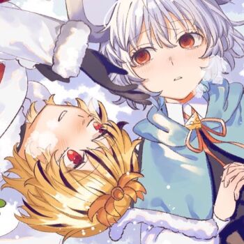 Rule 34 | 2girls, animal ears, black gloves, black hair, black vest, blonde hair, blue capelet, blush, breath, capelet, charm (object), cheese, coat, commentary request, crossed bangs, double-parted bangs, dutch angle, food, from above, fur-trimmed capelet, fur-trimmed coat, fur trim, gloves, grey hair, grin, hair between eyes, hand on another's cheek, hand on another's face, headdress, light blush, long sleeves, looking at another, looking to the side, medium hair, mouse ears, mouse girl, multicolored hair, multiple girls, nazrin, nose blush, open mouth, orange ribbon, own hands together, parted lips, puffy long sleeves, puffy sleeves, raised inner eyebrows, red eyes, ribbon, shirt, short hair, smile, snow, snowing, streaked hair, swiss cheese, teeth, toramaru shou, toraneko 2, touhou, upper body, upper teeth only, upside-down, vest, white coat, white shirt, white trim, winter clothes, winter coat, yuri