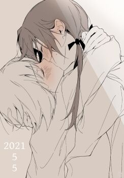 2girls blush brown_hair closed_eyes commentary_request erica_hartmann gertrud_barkhorn highres hug kiss long_hair military_uniform monochrome multiple_girls saki_hajime short_hair simple_background size_difference strike_witches twintails world_witches_series yuri