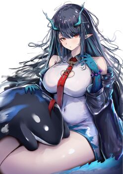 1girl absurdres arknights bare_shoulders bead_bracelet beads bird black_coat black_hair bracelet breasts closed_mouth coat commentary_request covered_navel curvy dove dragon_girl dragon_horns dusk_(arknights) eastern_dragon_horns eyeshadow green_hair green_horns highres horns jewelry large_breasts long_hair looking_at_viewer makeup multicolored_hair necktie off_shoulder open_clothes open_coat orange_eyes pointy_ears poni_(poni_arknights) red_eyeshadow red_necktie solo streaked_hair two-tone_hair