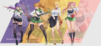 4girls absurdres antenna_hair asymmetrical_bangs battle_rifle bayonet black_bow black_bowtie blonde_hair blue_eyes blush bow bowtie breast_pump breasts brown_eyes brown_hair busujima_saeko cleavage crossover fingerprint fujimi_high_school_uniform glasses green_sailor_collar green_skirt gun hair_between_eyes hair_ribbon handgun highres highschool_of_the_dead huge_breasts impossible_clothes impossible_shirt katana lace lace-trimmed_thighhighs lace_trim lamborghini large_breasts legs long_hair long_sleeves looking_at_viewer luger_p08 m14 marikawa_shizuka milking_machine miyamoto_rei multiple_girls mzz77520 pink_hair pleated_skirt ponytail purple_hair red_eyes ribbon rifle sailor_collar sailor_shirt school_uniform serafuku shirt skirt sword tactical_school_uniform takagi_saya thighhighs thighs twintails untucked_shirt very_long_hair weapon white_ribbon white_shirt yellow_eyes