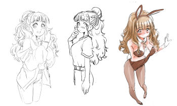 Rule 34 | 1girl, animal ears, blunt bangs, blush, breasts, brown hair, brown hairband, brown leotard, closed mouth, commentary request, detached collar, gloves, hairband, hands up, highres, idolmaster, idolmaster cinderella girls, kamiya nao, leotard, long hair, multiple views, necktie, pantyhose, partially colored, playboy bunny, rabbit ears, shoes, short necktie, simple background, u4 99384295, white background, white gloves, yellow necktie