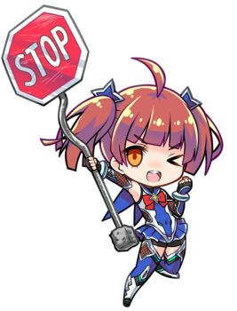 1girl battle_suit blue_outfit bodysuit bow brown_hair chibi hair_ornament hairclip holding holding_weapon lilith-soft long_hair no_background official_art oma_shinobu one_eye_closed orange_eyes red_bow road_sign sign skin_tight skirt smile star_(symbol) star_hair_ornament stop_sign taimanin_(series) taimanin_gogo! thighhighs twintails weapon wink
