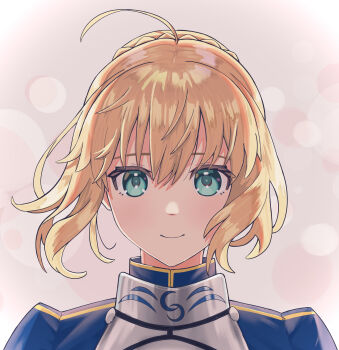 1girl absurdres ahoge armor armored_dress artoria_pendragon_(fate) blonde_hair bomberca309 braid braided_bun closed_mouth commentary_request dress fate/grand_order fate_(series) green_eyes grey_background hair_between_eyes hair_bun highres looking_at_viewer portrait saber_(fate) short_hair sidelocks single_hair_bun smile solo straight-on